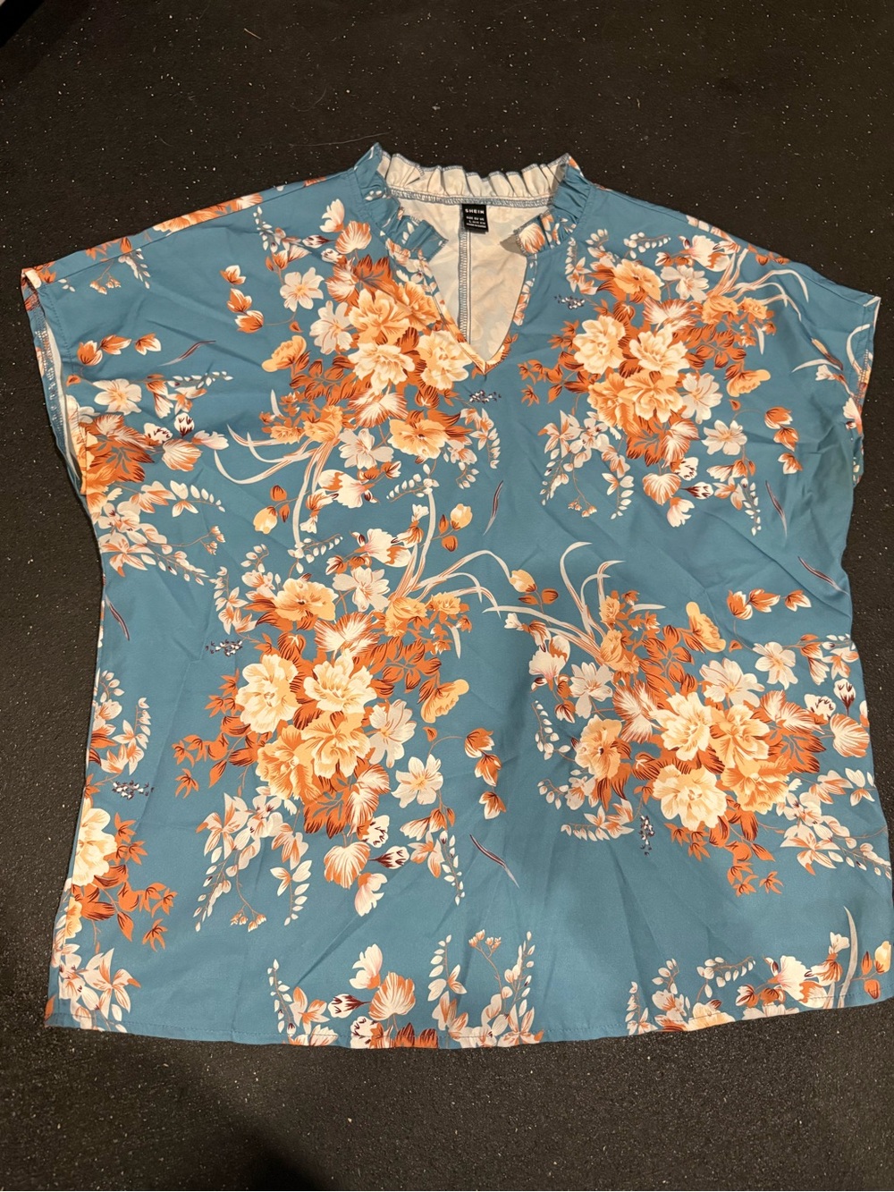 SHEIN Teal Floral V-Neck Blouse with Orange & Cream Accents